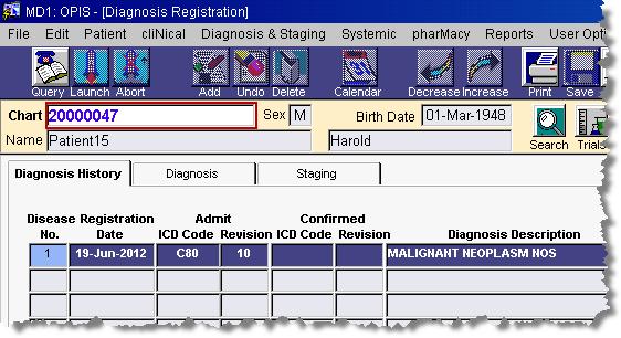 PATIENT SEARCH 1. Open the specific menu within OPIS that you wish to work in (e.g. Diagnosis, Chemo Orders, etc.). 2. Type the patient s MRN number in the Chart field. 3.