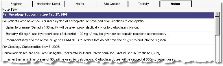 Matrix Medications are associated to the various Treatment days here. NOTES: Site Groups Toxicity Regimen is associated with the various site groups here. Not in use at PMH at this time.