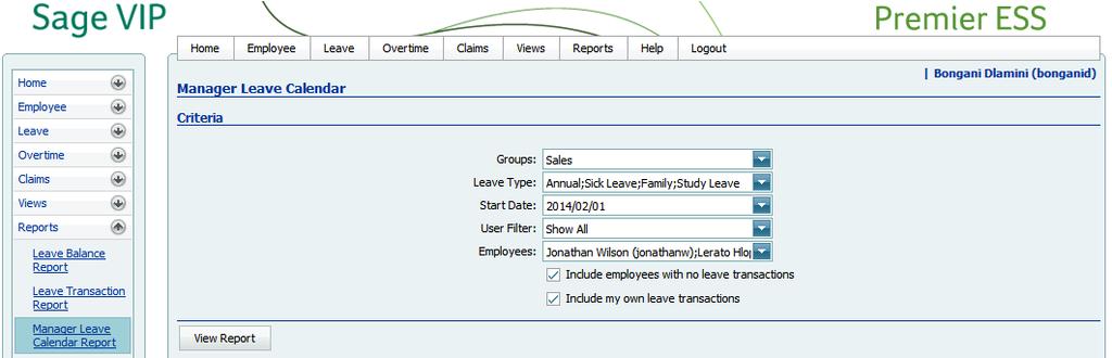 ESS Approver Training Leave Management 17 8. REPORTS 8.1 MANAGER LEAVE CALENDAR The Manager Leave Calendar shows a graphical view of selected users leave for a period of one month.