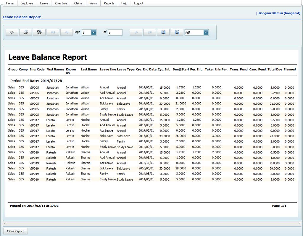 ESS Approver Training Leave Management 20 Example of a Leave Balance Report