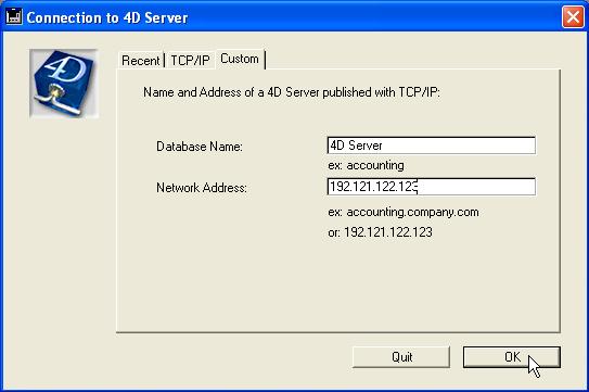 126 FirePoint 8 Documentation Click on Custom tab. Enter 4D Server in the Database Name field. Enter your FirePoint server computer's TCP/IP address in the Network Address area above. Press OK.