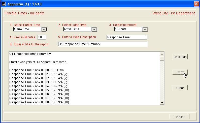 We've selected a comparison between Alarm Time and Arrival Time at a "1 Minute" interval. FirePoint allows you to select any two time fields including user defined time fields.
