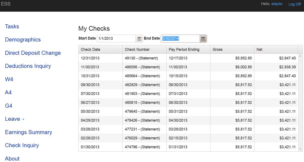 Employee can view check/statement summary for a specific check date
