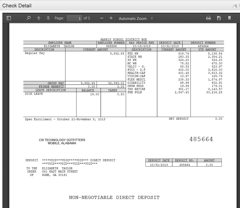 If the district is using Harris School Solutions Document Service product to produce their checks and statements, the check/statement detail will display