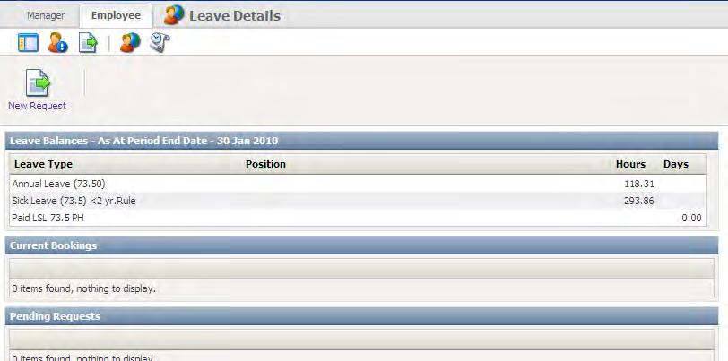 3. The following screen will appear displaying the current leave balances/entitlements, any current