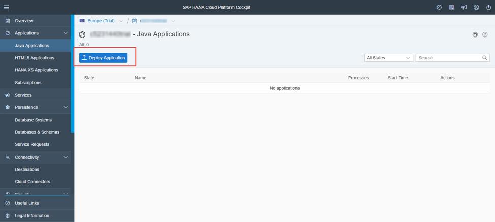 Step 6: Deploying the application on SAP SCP via the cockpit 1. Log in to SCP on your trial account, then click on Applications > Java Application > Deploy Application. 2.