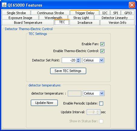 2: Installing the QE65000 Control Enable Fan Enable Thermo- Electric Control Detector Set Point Detector temperature Enable Periodic Update Update Interval Show in Status Bar Description Check this