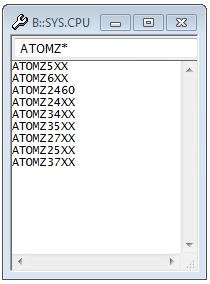 CPU Selection You need to select a CPU to debug your target. We select for example the ATOMZ5XX for the Crown Beach target: You can use the search field in the SYStem.CPU window to find your CPU name.