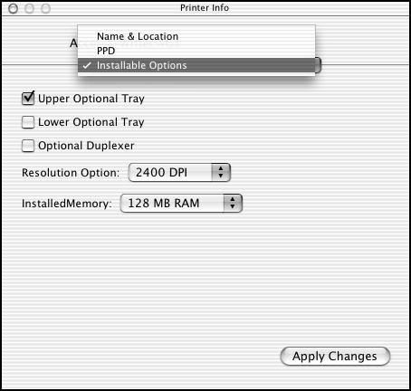 Installation-Macintosh OS X (continued) Fig. 126 Select Installable Options to configure your printer s options, resolution, and memory. Then, click Apply Changes. Fig. 127 Locate Text Edit.
