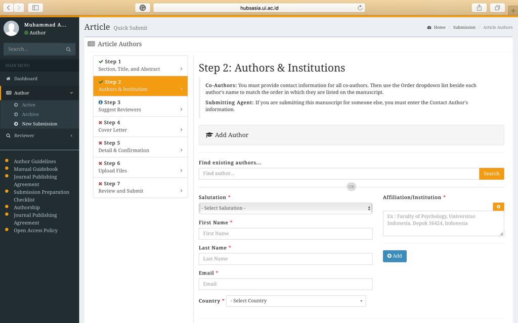 An author that the user input will be shown in the picture below illustrates: The status of the user who is submitting the manuscript will be automatically set as the corresponding author.