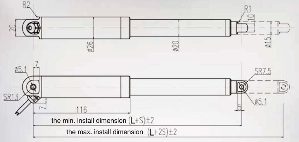 LA26M MECHANICAL DIMENSIONS (Unit: mm) S= Stroke Dimensions Unit L Standard (Without over current protection etc.