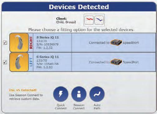 The Devices Detected screen adds graphical information about the hearing instruments once they are detected by the software.