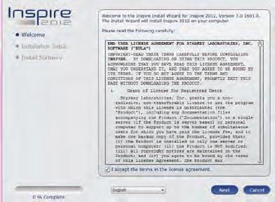 The first screen shown in the installation process is the Welcome screen. The Inspire software licensing agreement will be displayed on the screen.