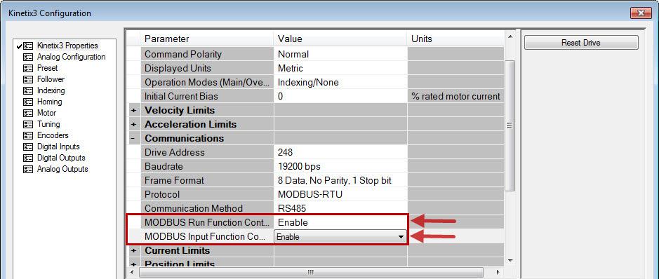 a. From the MODBUS Input Function Control pull-down menu, choose Enable. b. From the MODBUS Run Function Control pull-down menus, choose Enable. 16.
