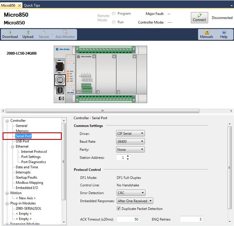Configure the settings for your PanelView 800 terminal communication port. a.
