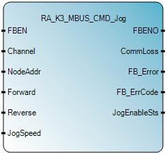 Yes Write Command No Diagnostics RA_K3_MBUS_CMD_Jog User-defined Function Block This UDFB lets you jog the motor at a preset speed while in Indexing mode.