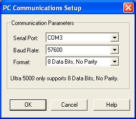 In the PC Communications Setup dialog box, configure the serial port, as follows: Serial Port that is chosen in step 6 Baud Rate: