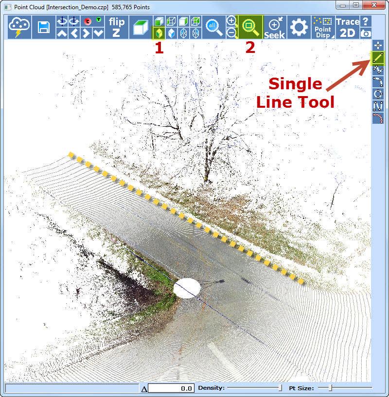 Road Edges 8) First, get an optimal view to draw the first road edge. Click on left most Iso View tool (1) and then use the Zoom Window tool (2) to zoom in closer.