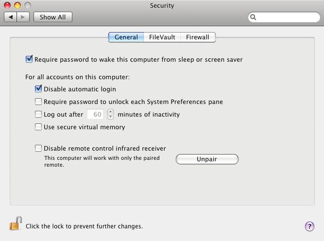 Project : Securing Your Computer Skills and Tools: Security Preferences The Security pane in System Preferences allos you to set options that prevent others from using your computer, such as