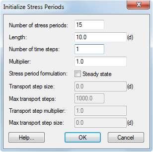 7. Select OK to exit the Starting Heads dialog. 8. In the Model type section of the dialog, select Transient. 9. Select the Stress Periods button to open the Stress Periods dialog. 10.