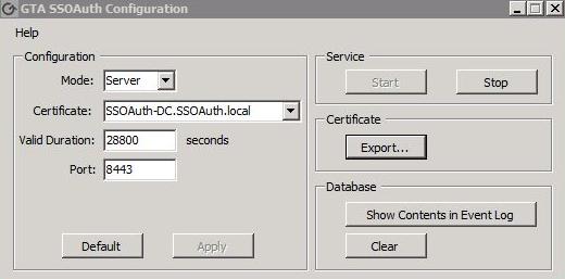 SSOAuth Configuration Figure 2: GTA SSOAuth Configuration Field Name Mode Valid Duration Port Server (Client mode only) Service Certificate Database Table A: GTA SSOAuth Configuration Description GTA