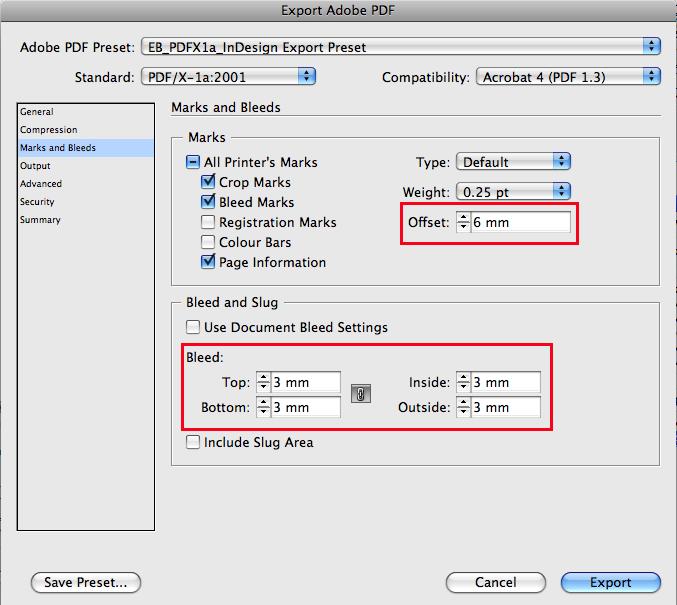 13. In Export Adobe PDF > Marks and Bleeds Set the bleed to