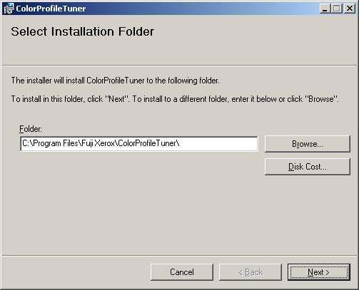 Installing ColorProfileTuner 5 Perform the following operations. (1) Select a language to install. (2) Click [Next]. 1 2 6 Perform the following operations. (1) Select an installation folder.