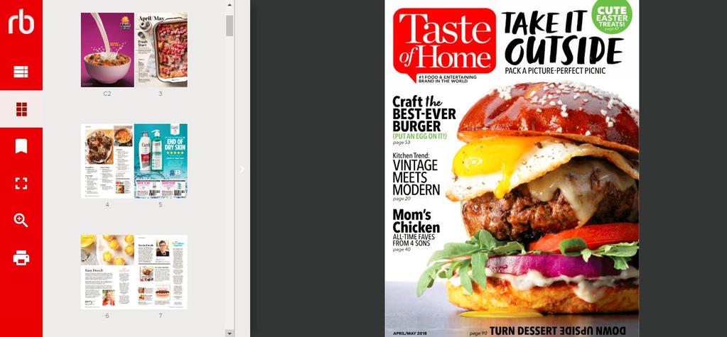 Reading Magazines, continued Clicking on the thumbnail button opens a thumbnail panel with images you can click on. The screen print below shows what the thumbnail panel looks like.