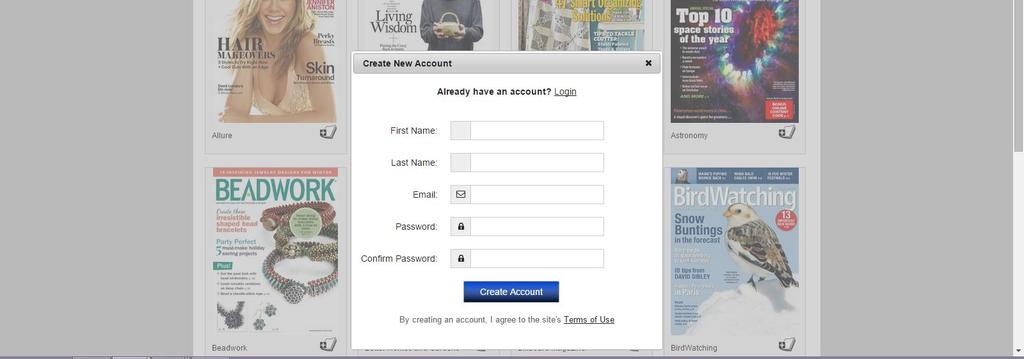 Creating a Zinio for Libraries Account, continued 4. Complete the fields. 5. Click Create Account.