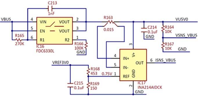 The VBUS voltage is halved to VSNS_VBUS, for being also monitored. IC12 in Figure 11 is a triple power supply, generating the rails of 1.2V for the FPGA core, 1.5V for Bank 3 and DDR3 memory and 3.