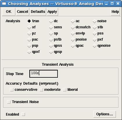 Then, select Analyses -> Choose from the analog design environment window. Select tran from Analysis in the window as shown in Fig.