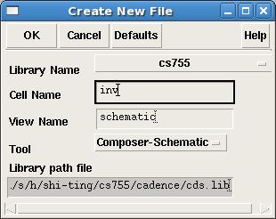 4, name the cell name as inv, and choose Composer-Schematic from the drop down list of tool below.