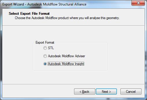 Figure 11. Autodesk Moldflow Structural Alliance built-in Export Wizard pane for file format. Figure 12. Autodesk Moldflow Structural Alliance built-in Export Wizard pane for model units.