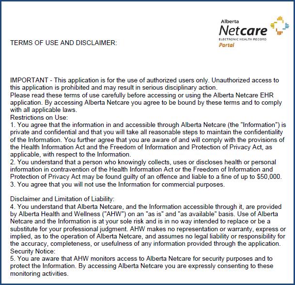 By accessing Alberta Netcare you agree to be