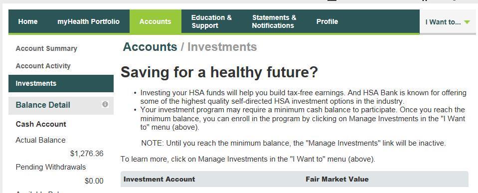 You may also access the Investments page by clicking the Accounts tab from the menu bar, and then clicking on the Investments tab on the left side panel.