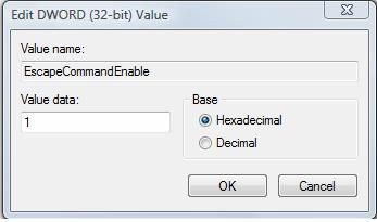 To Modify the value of the EscapeCommandEnable double click on the entry