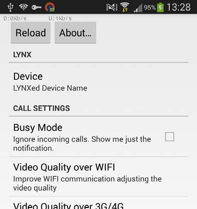 Settings screen allows the following actions: Reload. Load advanced settings without rebooting the application. About (read the application about and close the application) Set to busy mode.