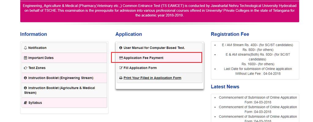 Step 1: Application Fee Payment Click on the Application Fee Payment field as shown encircled below.