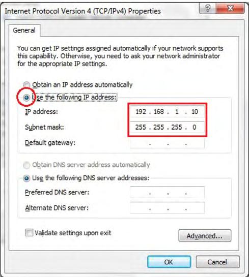 Note: Ensure that the IP address and Subnet mask are on the same subnet as the device.