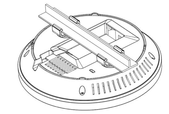 Attaching the EAP1750H/EAP1300 to a ceiling using the provided T-Rail connectors: 1. Attach the T-Rail connectors to the bottom cover of the EAP using the provided short screws.