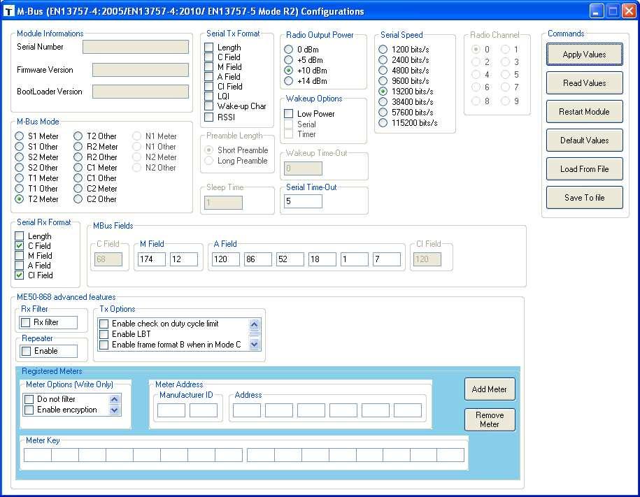5. Select T2 Meter in the M-Bus Mode panel, select C Field and CI Field in the Serial Rx Format panel and click on