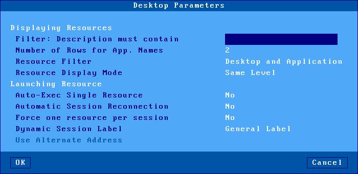 Installing under Windows d) Desktop Parameters The following dialog box is displayed: Displaying Resources: these options are used for enumerating resources: - Filter: Description must contain (only