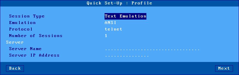 Initial Power-On k) Text Emulation A predefined telnet or ssh session will be connected to a Unix/Linux server (identified by its name or IP address): These parameters are: - Emulation: selected from