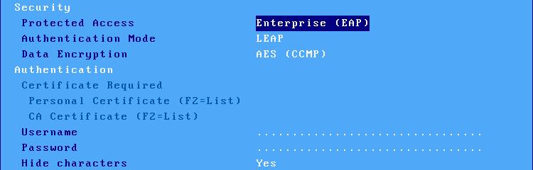 Interactive Set-Up "Protected Access" is "Enterprise (EAP)" Authentication Data Encryption Password Certificate Mode LEAP AES (CCMP) required --- TKIP required --- PEAP AES (CCMP) required optional