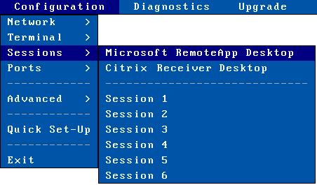 Interactive Set-Up To configure the Application Desktop go to [Configuration]-[Sessions] menu and select either the [Microsoft RemoteApp desktop] or the [Citrix Receiver Desktop]: Notes: - Some thin