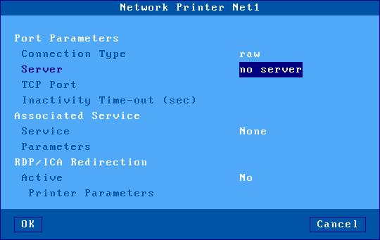 d) Setting Network Printers Select the [Configuration]-[Ports]-[Network Printers]-[NetX] dialog box to configure TCP logical ports: The following parameters can be set: - Connection Type: always