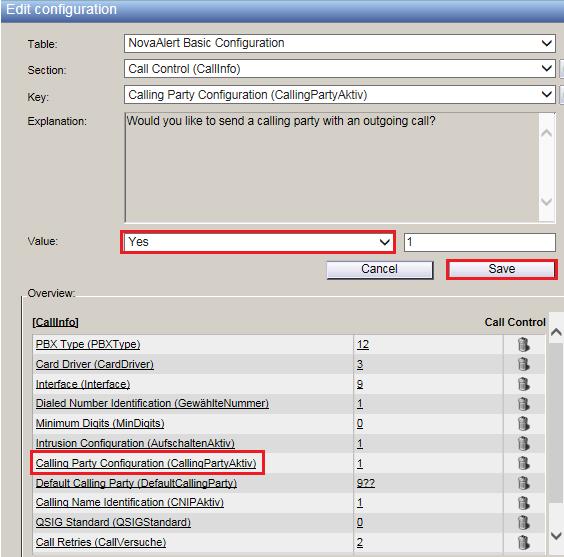 In the same Section select the Calling Party Configuration (CallingPartyAktiv) Key.