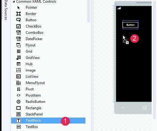 I ll repeat by (1) dragging a TextBlock control and (2) dropping it on the designer surface: Notice that by dragging and dropping controls from the toolbox on to the designer surface, XAML is