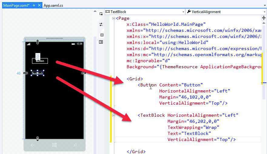 I can also affect the XAML that is generated by Visual Studio using the Properties window.