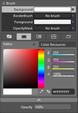 Properties Brushes Properties Used to edit the background fill, border stroke, opacity, etc.